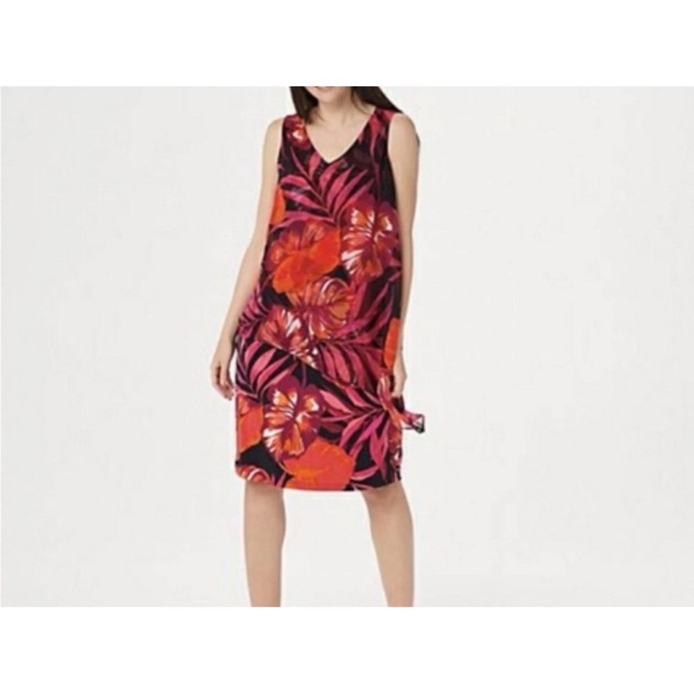 Susan Graver Womens Sleeveless Floral Comfy Dress With Sheer Overlay Size large